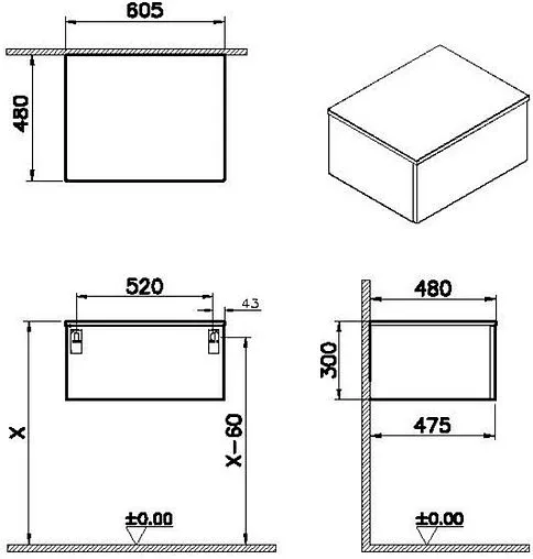 Тумба под умывальник подвесная VitrA Stand 60 тёмный вяз 66694 Тумба под умывальник подвесная VitrA Stand 60 тёмный вяз 66694