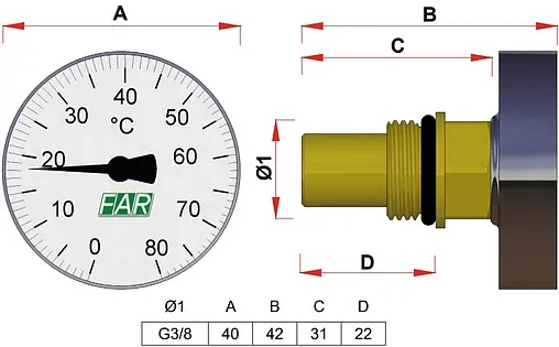 Термометр биметаллический Far 40мм 80°С гильза 36мм ⅜&quot; FA 2651
