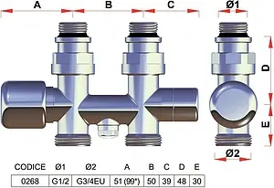 Узел нижнего подключения радиатора с байпасом терморегулирующий прямой ¾&quot;ек x ¾&quot;ек (½&quot;н) LadyFAR серебро FL 0268 3412, 2