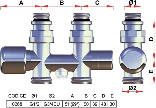 Узел нижнего подключения радиатора с байпасом терморегулирующий прямой ¾&quot;ек x ¾&quot;ек (½&quot;н) LadyFAR серебро FL 0268 3412