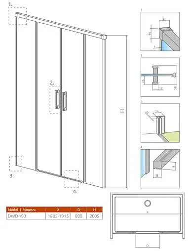 Дверь в нишу 1900мм прозрачное стекло Radaway Idea DWD 190 387129-01-01