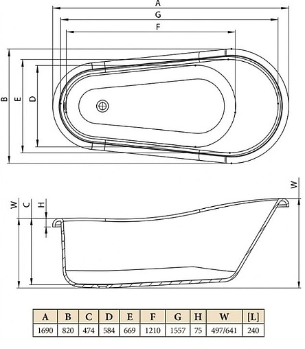 Ванна отдельностоящая из искусственного камня C-bath Retro 169x82 белый/черный CBM001001
