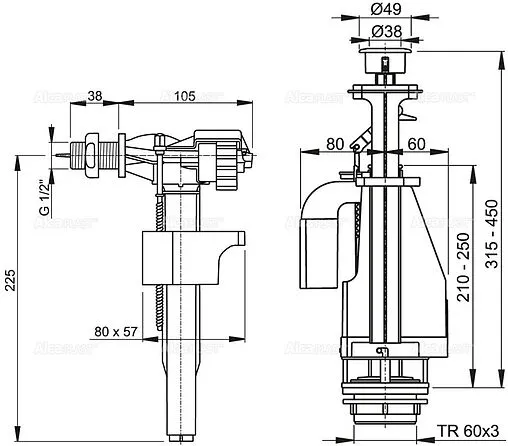 Комплект арматуры для бачка двухрежимный ½&quot; пластик боковой AlcaPlast SA08A ½&quot; CHROM