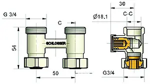 Узел нижнего подключения радиатора прямой с термоголовкой ¾"ек x ¾"ек (½"н) Schlosser Standard хром 600800057 Узел нижнего подключения радиатора прямой с термоголовкой ¾"ек x ¾"ек (½"н) Schlosser Standard хром 600800057, 2