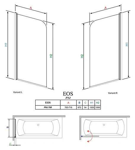 Шторка на ванну 700мм прозрачное стекло Radaway Eos PNJ 70 L 205101-101L