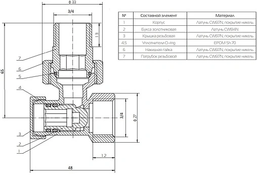 Вентиль запорный угловой ¾&quot; в/н Royal Thermo RTO 50.006