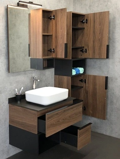 Тумба-умывальник подвесная Comforty Штутгарт 75 дуб тёмно-коричневый/чёрный 00-00001884CF