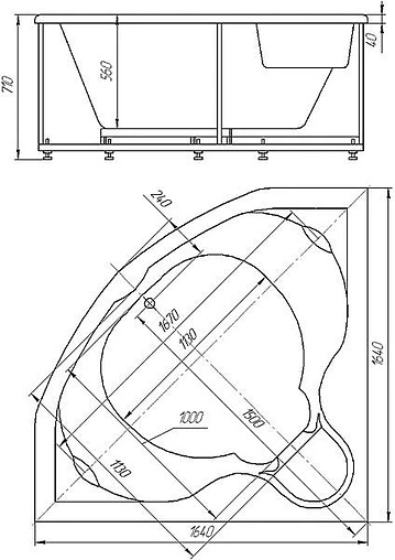 Ванна акриловая с гидромассажем Aquatek Сириус 164х164 с фронтальной панелью, с каркасом (вклеенный), с гидромассажем (пневмоуправление) SIR164-0000006