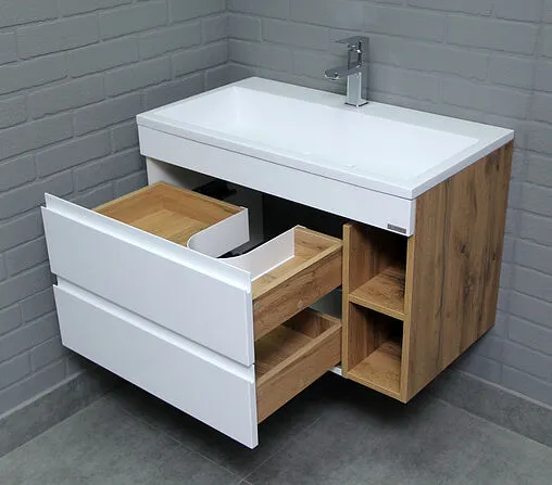 Тумба-умывальник подвесной Домино Frost 80 белый/дуб вотан DF3402T+4670142930273