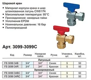 Кран шаровый с накидной гайкой угловой ¾"нг x ¾"нг синий Far FS 3099 34BC Кран шаровый с накидной гайкой угловой ¾"нг x ¾"нг синий Far FS 3099 34BC, 3