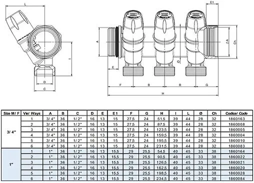 Коллектор регулирующий проходной 2 отвода 1&quot;в/н x ½&quot;н Tiemme MAXIMA 1860022