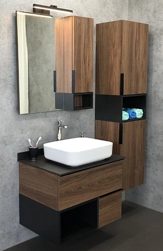 Тумба-умывальник подвесная Comforty Штутгарт 75 дуб тёмно-коричневый/чёрный 00-00001884CF