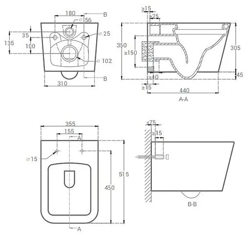 Унитаз подвесной безободковый Hansmann keramik Kvadro Grey серый матовый УНИ0017