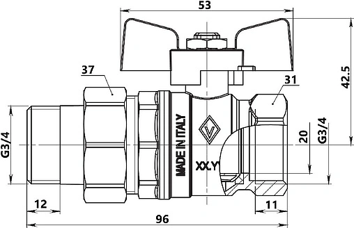 Кран шаровый с американкой ¾"в x ¾"н Bugatti New Jersey 09220005 Кран шаровый с американкой ¾"в x ¾"н Bugatti New Jersey 09220005
