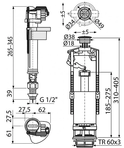 Комплект арматуры для бачка однорежимный ½&quot; латунь нижний AlcaPlast SA2000SK ½&quot;