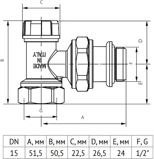 Вентиль запорный угловой ½" в/н Uni-Fitt 176N2000