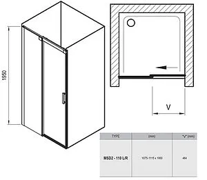 Дверь в нишу 1100мм прозрачное стекло Ravak Matrix MSD2-110 R 0WPD0U00Z1, 2