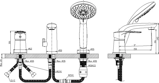 Смеситель на борт ванны на 3 отверстия Rossinka хром T40-39