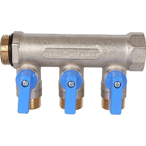 Коллектор запорный проходной 3 отвода синий ¾"в/н x ½"н Stout SMB 6211 341203