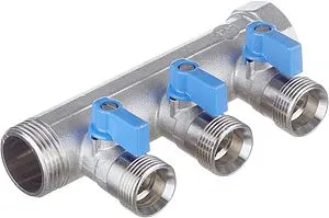 Коллектор запорный проходной 3 отвода синий 1"в/н x ¾"ек Henco VB060503-BLAUW Коллектор запорный проходной 3 отвода синий 1"в/н x ¾"ек Henco VB060503-BLAUW, 1