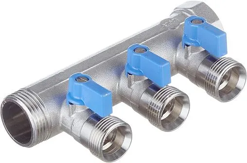 Коллектор запорный проходной 3 отвода синий 1&quot;в/н x ¾&quot;ек Henco VB060503-BLAUW