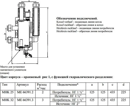 Гидрострелка 3 м³/час до 85 кВт 1½&quot;нг x 2&quot;нг Meibes M66391.3RU