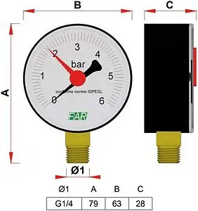 Манометр радиальный Far 63мм 10 бар ¼&quot; FA 2500 R10, 2