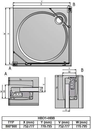Душевое ограждение 800x800мм прозрачное стекло Roltechnik Hitech Line HBO1+HBB/800*800 284-8000000-06-02+286-8000000-06-02