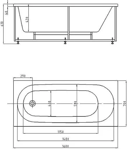 Ванна акриловая Aquatek Оберон 160х70 L с фронтальной панелью, с каркасом (разборный) OBR160-0000026