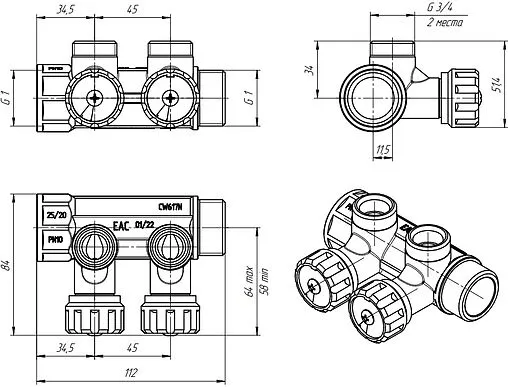 Коллектор регулирующий проходной 2 отвода 1&quot;в/н x ¾&quot;ек Valtec VTc.570.NE.0602