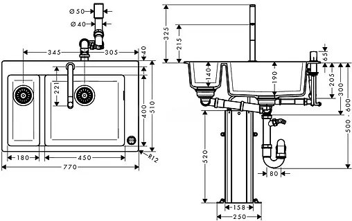 Мойка кухонная с встроенным смесителем Hansgrohe C51-F635-09 77x51 черный 43220000