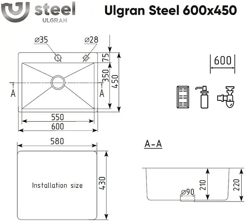 Мойка кухонная Ulgran Steel 60 черная брашированая сталь