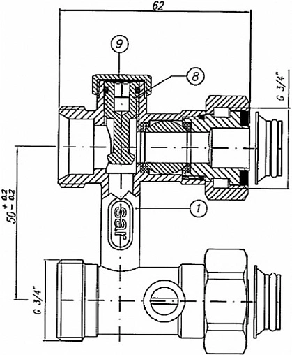Узел нижнего подключения радиатора с байпасом прямой ¾&quot;ек x ¾&quot;ек Comap 970206-AF