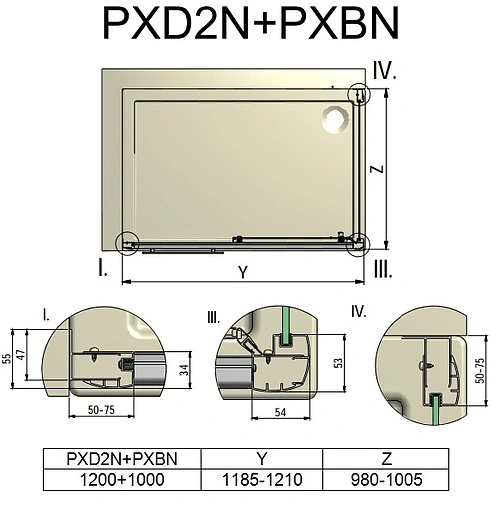 Душевое ограждение 1200x1000мм прозрачное стекло Roltechnik Proxima Line PXD2N+PXBN/1200*1000 526-1200000-00-02+527-1000000-00-02