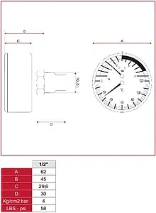 Термоманометр аксиальный Itap 63мм 4 бар 120°С ½&quot; 485B012, 2