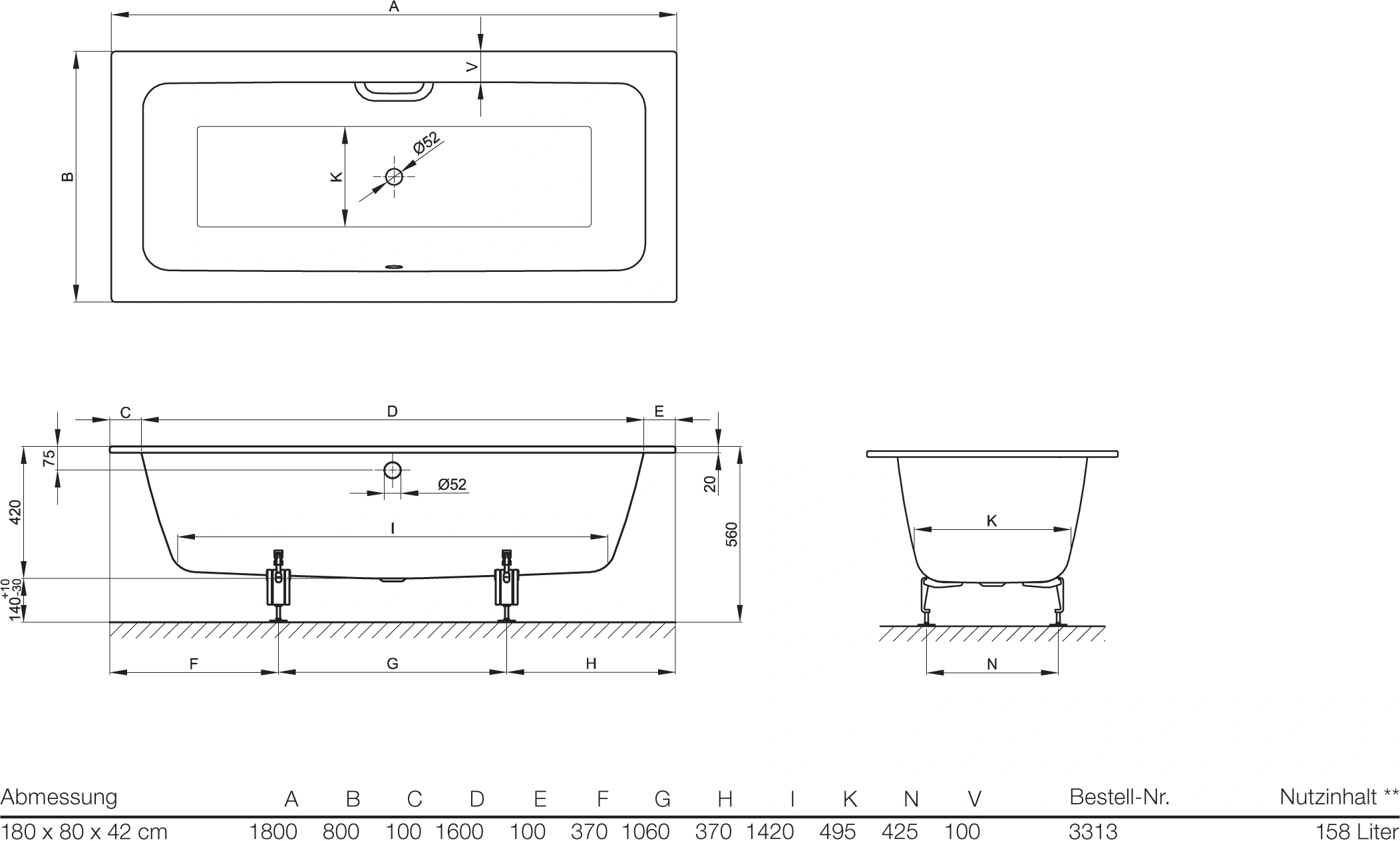 Ванна стальная Bette One 180x80 anti-slip белый 3313-000 AR