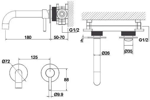 Смеситель для раковины из стены WHITECROSS Y black чёрный матовый Y1216BL