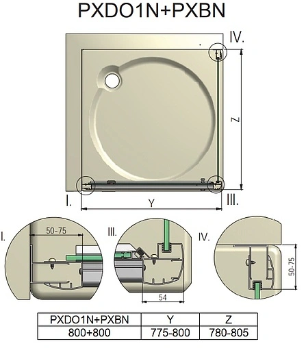 Душевое ограждение 800x800мм матовое стекло Roltechnik Proxima Line PXDO1N+PXBN/800*800 525-8000000-00-15+527-8000000-00-15