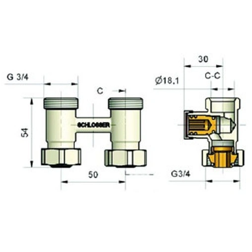 Узел нижнего подключения радиатора прямой с термоголовкой ¾&quot;ек x ¾&quot;ек (½&quot;н) Schlosser Standard белый 600800020