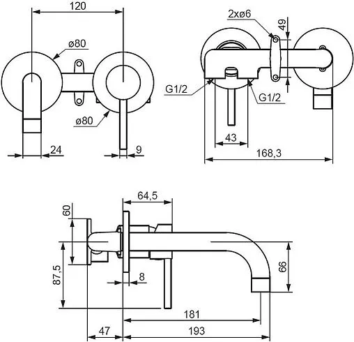 Смеситель для раковины из стены Damixa Scandinavian Pure хром 360260000