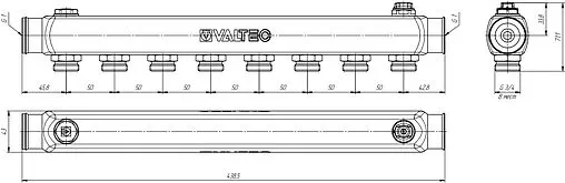 Коллектор распределительный проходной 8 отводов 1&quot;в/в x ¾&quot;ек Valtec VTc.505.SS.060508