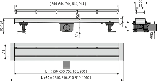 Лоток душевой Set 850мм h=96мм 0.83л/сек AlcaPlast APZ13-DOUBLE9-850 FIT AND GO