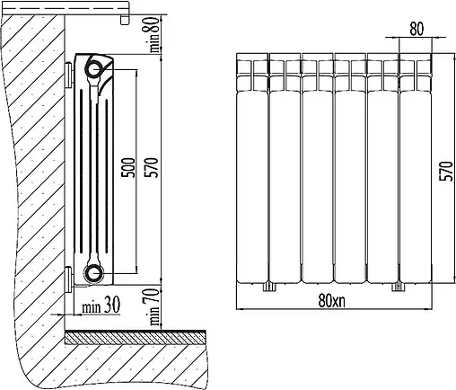 Радиатор биметаллический 14 секции нижнее правое подключение Rifar Base Ventil 500 RBVR50014