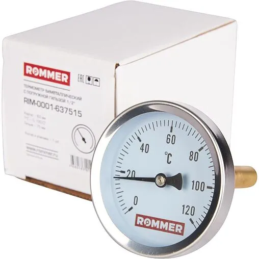 Термометр биметаллический Rommer 63мм 120°С гильза 75мм ½&quot; RIM-0001-637515