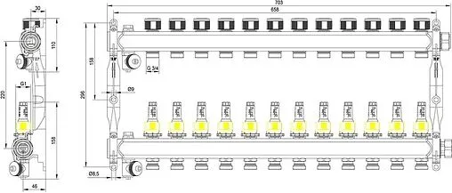 Группа коллекторная с расходомерами 12 отводов 1&quot;нг x ¾&quot;ек TECEfloor SLQ 77310012