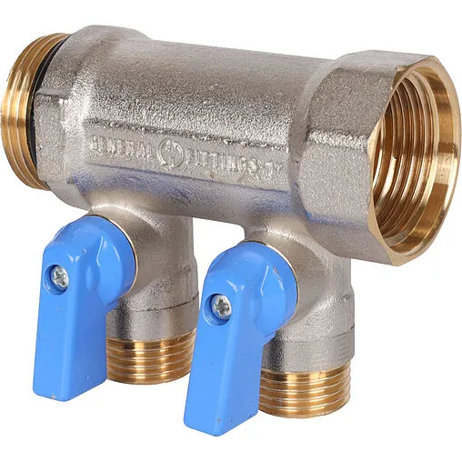 Коллектор запорный проходной 2 отвода синий 1&quot;в/н x ½&quot;н Stout SMB 6211 011202