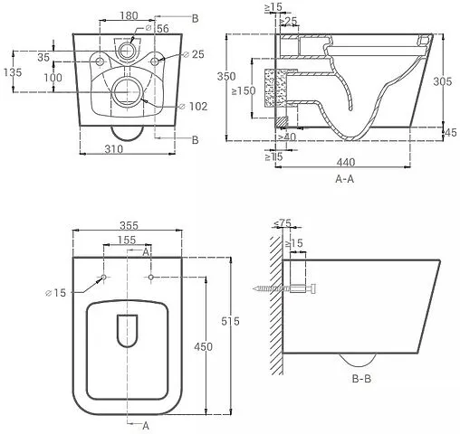 Унитаз подвесной безободковый Hansmann keramik Kvadro Black черный матовый УНИ0019