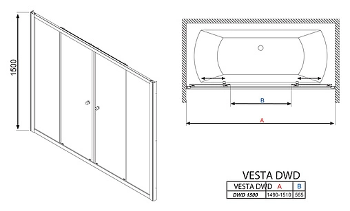Шторка на ванну 1500мм прозрачное стекло Radaway Vesta DWD 150 203150-01