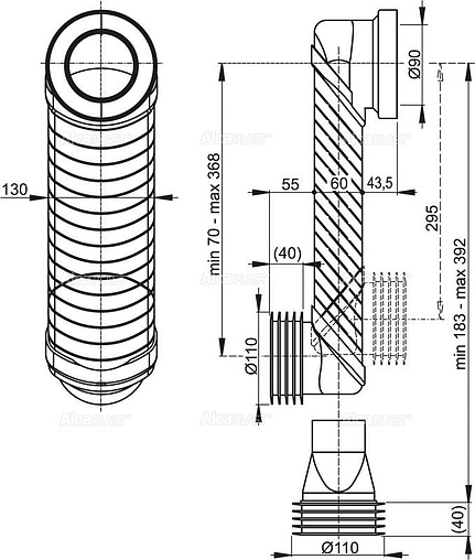 Патрубок для унитаза эксцентриковый AlcaPlast 70 - 368мм MS906