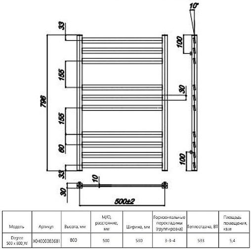 Полотенцесушитель водяной лесенка Ravak Degree 500 x 800_W полированная сталь X04000083681